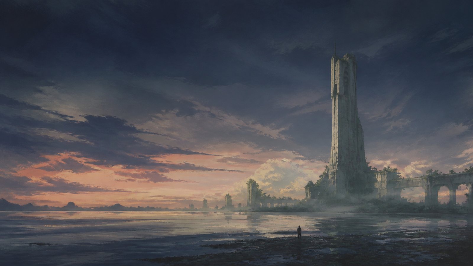 A painted dusk landscape with shallow reflective water, a distant weathered tower and broken causeway, and one small solitary figure beneath an immense sky.